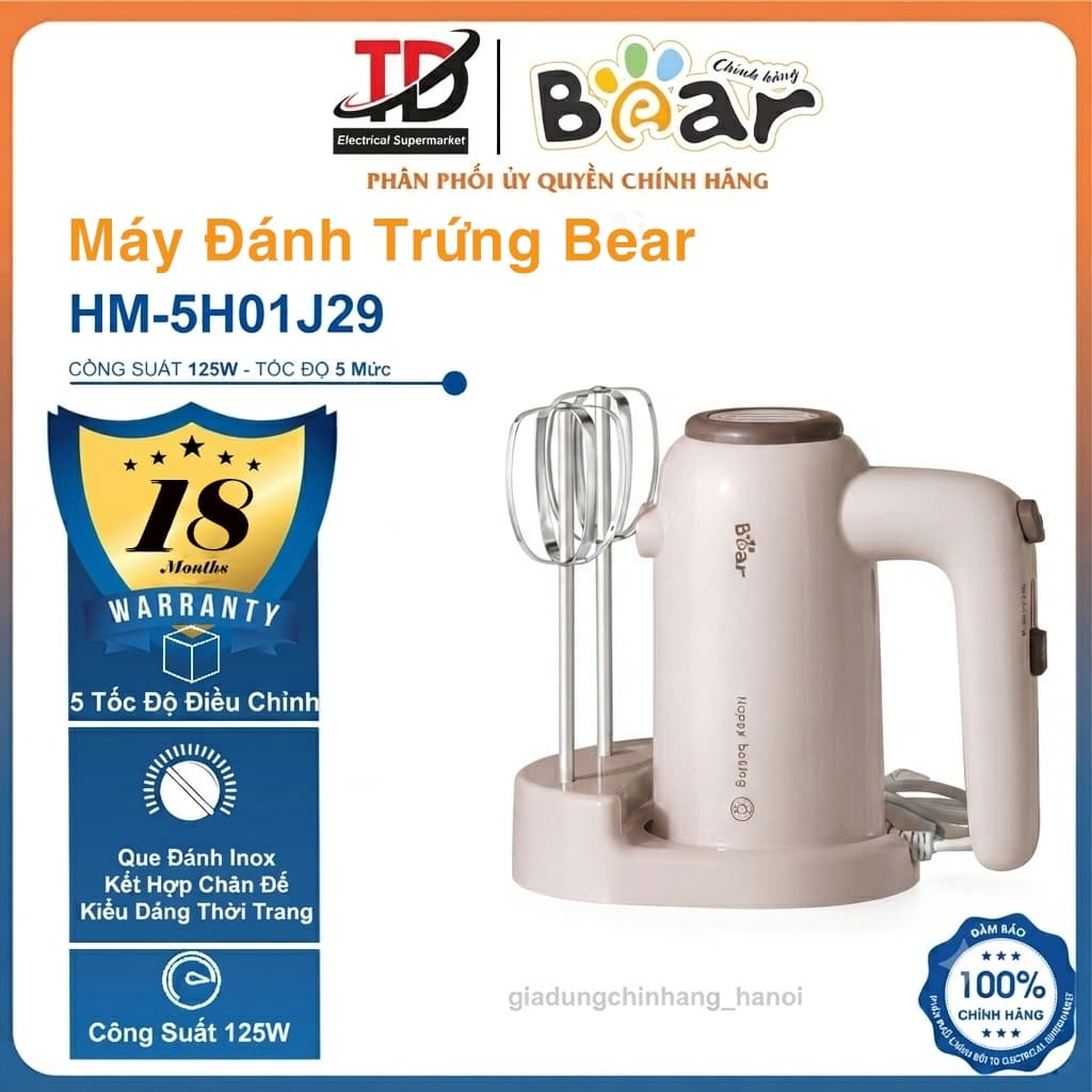Máy Đánh Trứng Bear HM - 5H01J29, Công Suất 125w - Que Inox 304, Kèm Chân Chế Dựng Máy, Hàng Chính Hãng