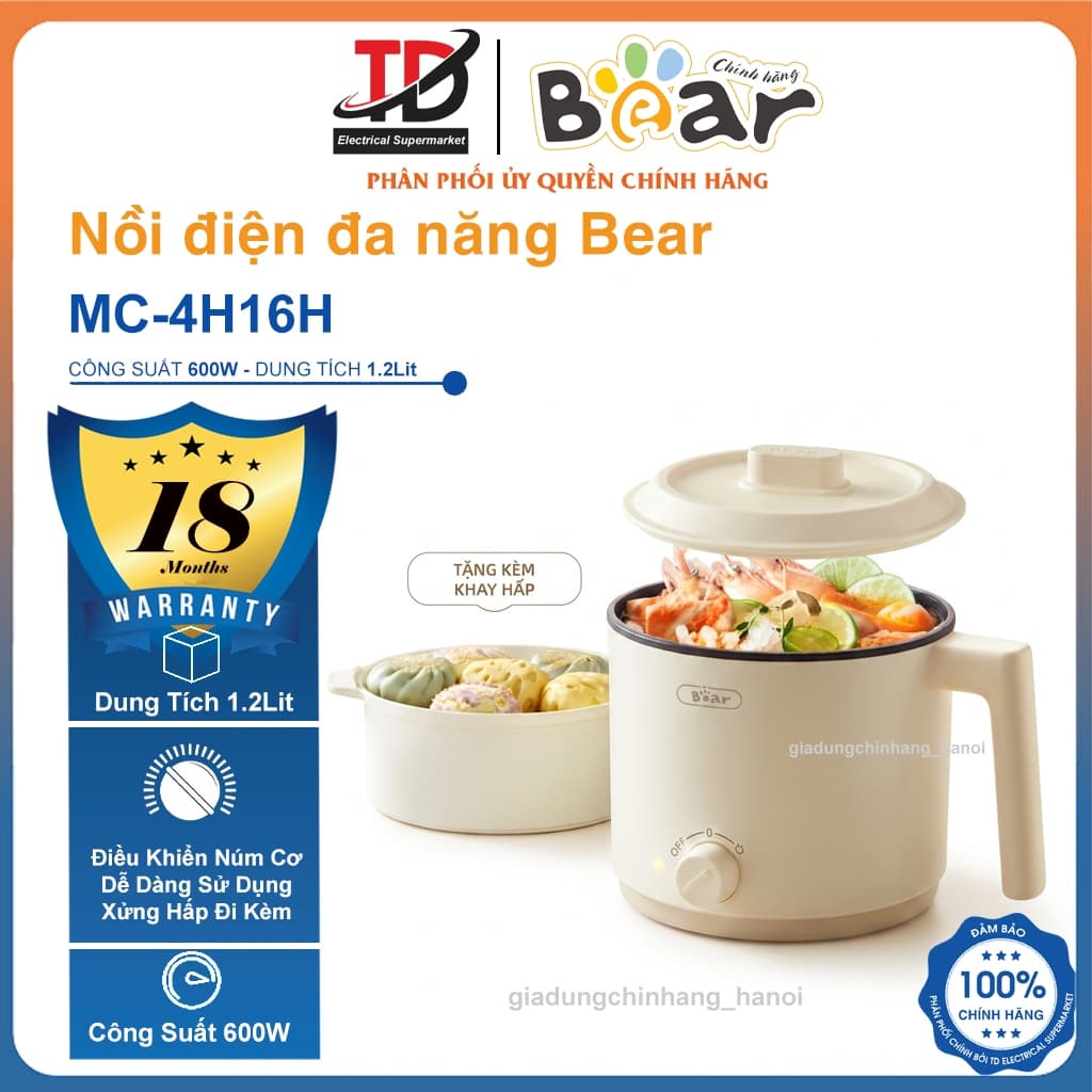Nồi Lẩu Mini Bear DRG-C12K1, 1.2Lit - 600w, Kèm Xửng Hấp, Màu Sắc Hiện Đại, Núm Cơ Dễ SD