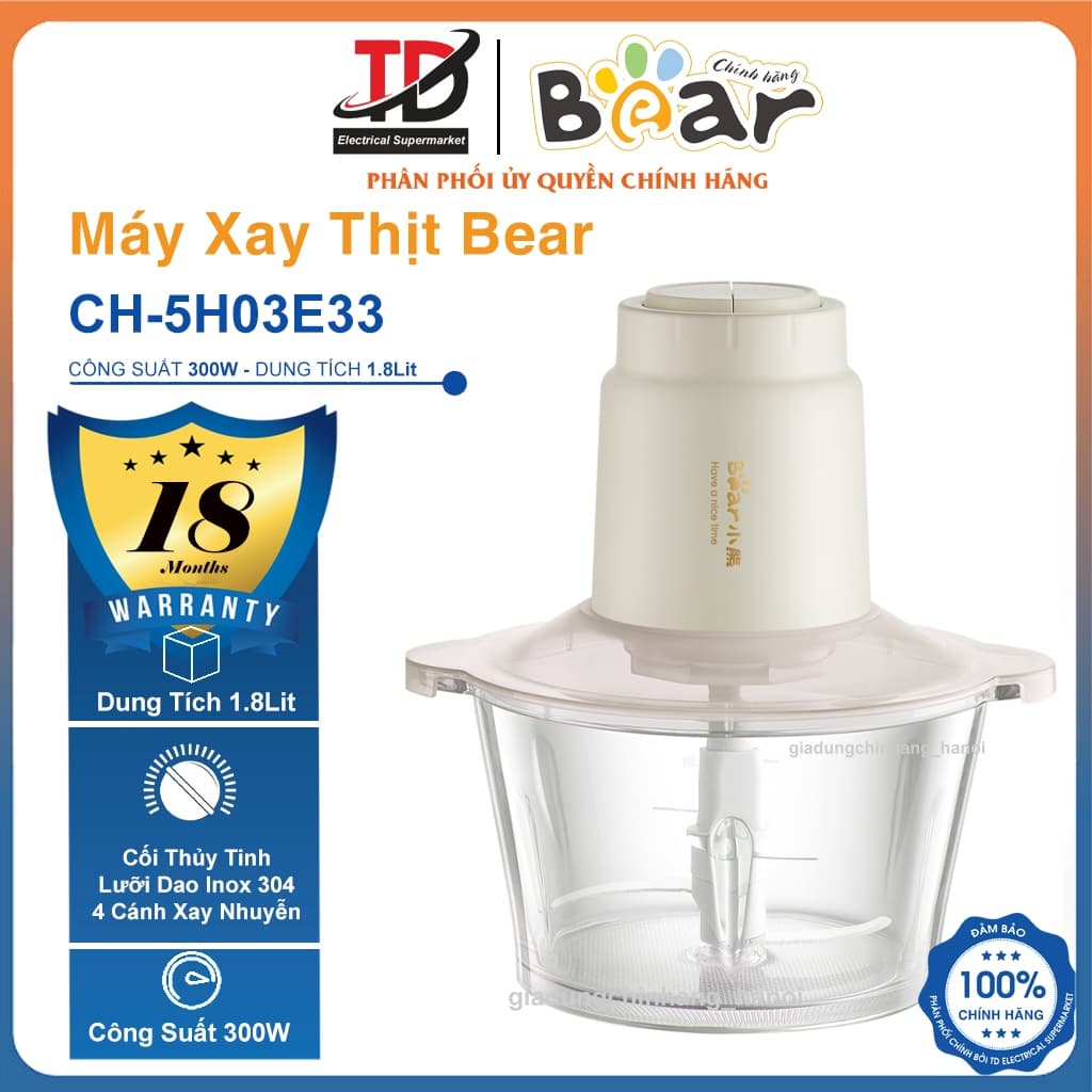 Máy Xay Thịt Bear CH-5H03E33, Công Suất 300w - Dung Tích 1.8Lit, Xay Thịt, Cá, Hạt Khô Đa Năng, Hàng Chính Hãng