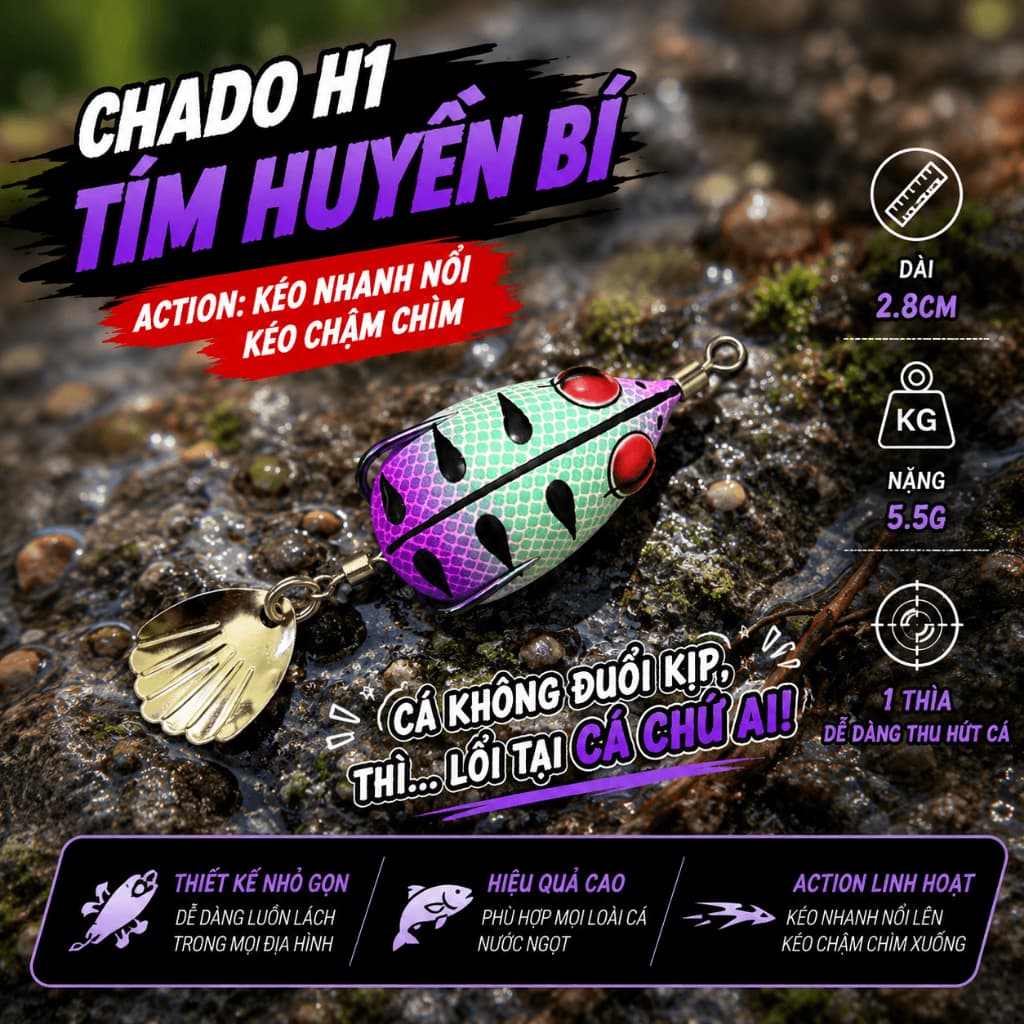 Nhái Hơi Thái Lan Chado H1 Mini 2.8cm 5g Action Nổi Chính Hãng- Mồi Câu Lure Chuyên Cá Lóc, Cá Chẽm