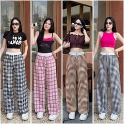Quần Caro Nữ Ống Rộng Cạp Chun Dây Rút Vải Đũi Mềm Mát Form Suông Hàn Quốc Phong Cách Thời Trang 1