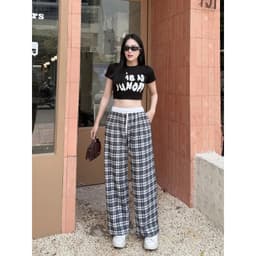 Quần Caro Nữ Ống Rộng Cạp Chun Dây Rút Vải Đũi Mềm Mát Form Suông Hàn Quốc Phong Cách Thời Trang 2