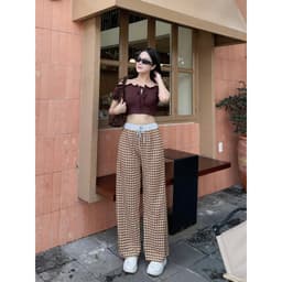 Quần Caro Nữ Ống Rộng Cạp Chun Dây Rút Vải Đũi Mềm Mát Form Suông Hàn Quốc Phong Cách Thời Trang 3