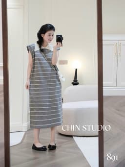 <Đầm Bầu Quynhanhhouse> 𝑪𝑯𝑰𝑵 𝑺𝑻𝑼𝑫𝑰𝑶 891 VÁY KẺ MON DÁNG SUÔNG freesize 3
