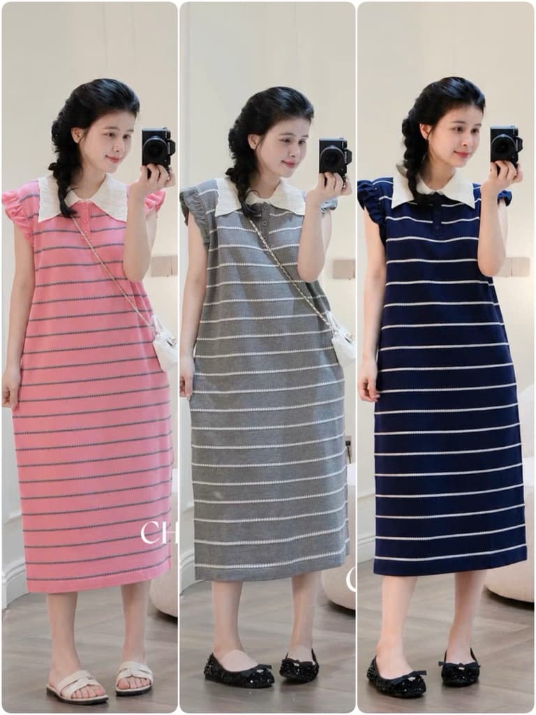 <Đầm Bầu Quynhanhhouse> 𝑪𝑯𝑰𝑵 𝑺𝑻𝑼𝑫𝑰𝑶 891 VÁY KẺ MON DÁNG SUÔNG freesize