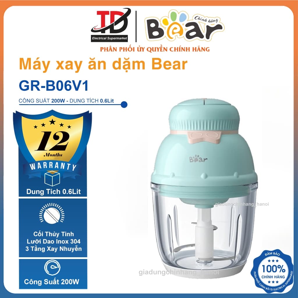 Máy Xay Ăn Dặm Bear GR-B06V1, 0.6lit - 200w, Xay Cháo Thịt Rau Củ Siêu Nhuyễn, Hàng Chính Hãng