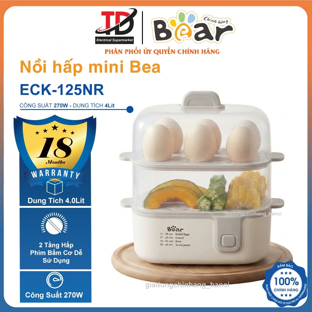 Nồi Hấp - Triệt Trùng Bear ECK-125NR, 2.4L Hấp 2 Tầng - Nhựa PP Cao Cấp, Hàng Chính Hãng
