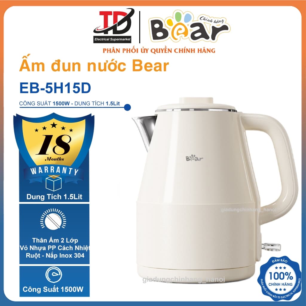 Ấm Siêu Tốc Bear EB-5H15D, 1.5Lit - 1500w, Ruột Inox 304 An Toàn, Hàng Chính Hãng