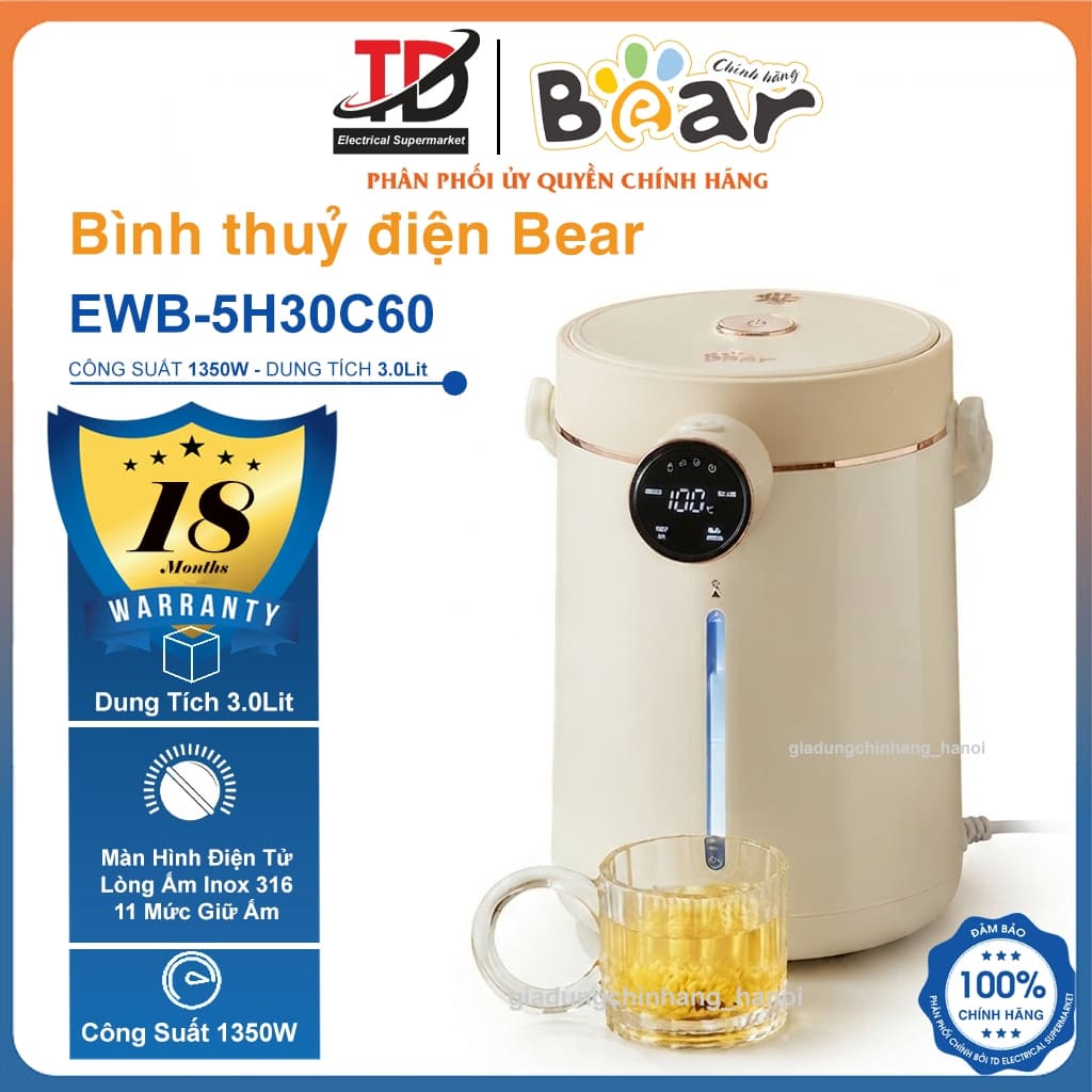 Bình Thủy Điện Bear EWB-5H30C60, 3Lit - 1350w Đun Sôi Khử Clo Siêu Nhanh Giữ Nhiệt Tốt, Hàng Chính Hãng