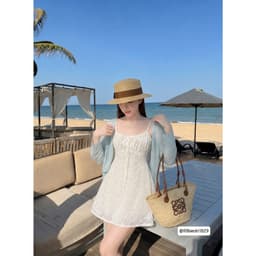 Set Váy 2 Dây Ren Trắng Dáng A Ngắn Kèm Áo Khoác Cardigan Xanh Tiffany Mỏng Tiểu Thư_Jo.Store 7