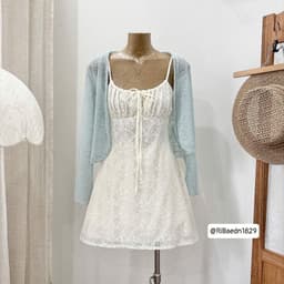Set Váy 2 Dây Ren Trắng Dáng A Ngắn Kèm Áo Khoác Cardigan Xanh Tiffany Mỏng Tiểu Thư_Jo.Store 8