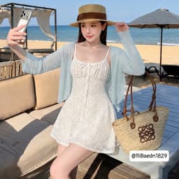 Set Váy 2 Dây Ren Trắng Dáng A Ngắn Kèm Áo Khoác Cardigan Xanh Tiffany Mỏng Tiểu Thư_Jo.Store 5