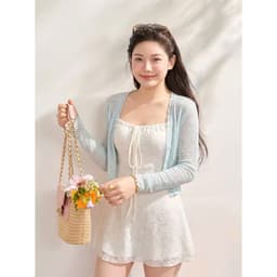 Set Váy 2 Dây Ren Trắng Dáng A Ngắn Kèm Áo Khoác Cardigan Xanh Tiffany Mỏng Tiểu Thư_Jo.Store 3