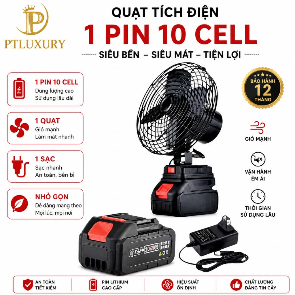 [ HỎA TỐC HCM ] Quạt Tích Điện Mini PTLUXURY Để Bàn Lượng Lớn 10 Cell Làm Mát Cực Nhanh, Sử Dụng Liên Tục Nhiều Giờ