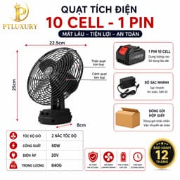 [ HỎA TỐC HCM ] Quạt Tích Điện Mini PTLUXURY Để Bàn Lượng Lớn 10 Cell Làm Mát Cực Nhanh, Sử Dụng Liên Tục Nhiều Giờ 3