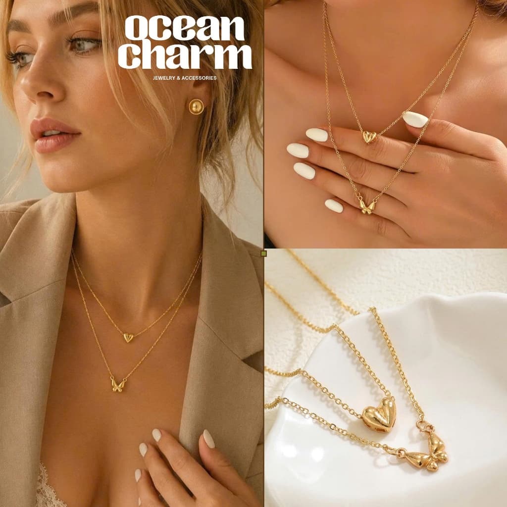 Ocean Charm Set 2 Dây Chuyền Vòng Cổ Nữ Trái Tim & Bướm Xinh  – Phụ Kiện Trang Sức Nữ Tính Sang Trọng