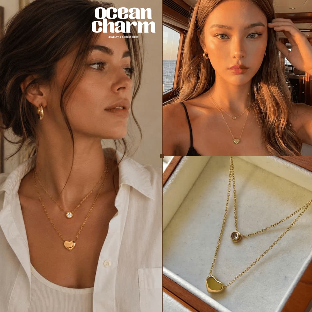Set 2 Dây Chuyền Vòng Cổ Nữ 2 Tầng Mặt Trái Tim Đính Đá Trắng Hợp Kim Mạ Vàng Trang Sức Nữ Sang Trọng - Ocean Charm