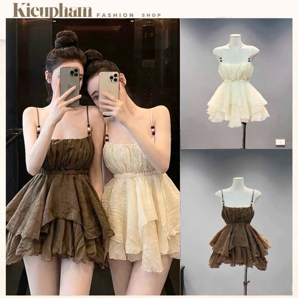 (Tặng Quần) Set Áo Hai Dây Tầng Xoè Tơ Đũi Màu Nâu Tây/Kem Tiểu Thư Kieupham.shop