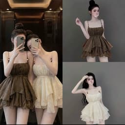 (Tặng Quần) Set Áo Hai Dây Tầng Xoè Tơ Đũi Màu Nâu Tây/Kem Tiểu Thư Kieupham.shop 4
