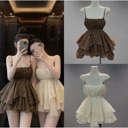 (Tặng Quần) Set Áo Hai Dây Tầng Xoè Tơ Đũi Màu Nâu Tây/Kem Tiểu Thư Kieupham.shop 9