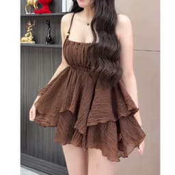(Tặng Quần) Set Áo Hai Dây Tầng Xoè Tơ Đũi Màu Nâu Tây/Kem Tiểu Thư Kieupham.shop 2