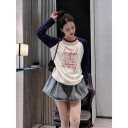 Áo Thun Giấy Nữ Dài Tay Phối Xanh In Chữ Siêu Hot 4