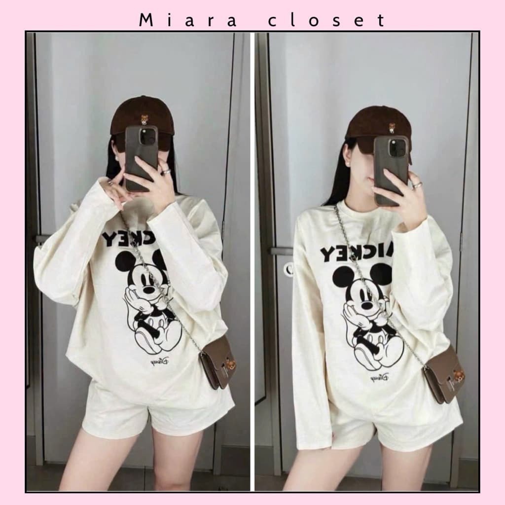 Set Áo Thun In Mickey dài Tay Phối Quần Short siêu hot