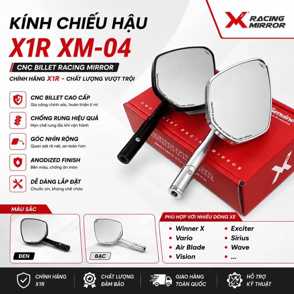 Kính Hậu X1R XM04 Chính Hãng Gắn Xe Máy Universal Winner Exciter Vario Vision SH Wave Màu Đen Bạc CNC