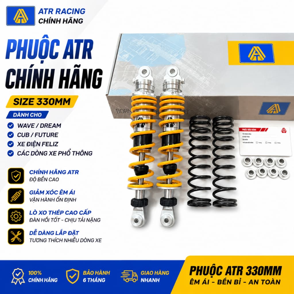 Phuộc ATR Chính Hãng 330mm Cho Wave Dream Cub Future Xe Điện Feliz Giảm Xóc Êm Bền Cao Cấp