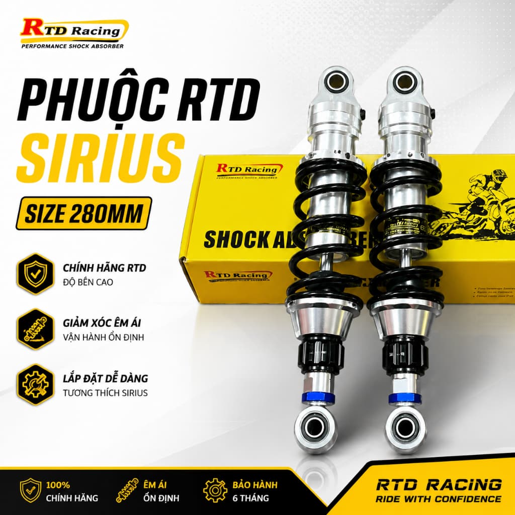 Phuộc Sau RTD 280mm Cho Yamaha Sirius Jupiter & Xe Điện Giảm Xóc Cao Cấp Dễ Lắp Đặt