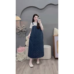 <Đầm Bầu Quynhanhhouse> Váy suông set váy yếm bi đính nơ freesize 3