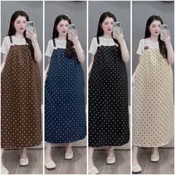 <Đầm Bầu Quynhanhhouse> Váy suông set váy yếm bi đính nơ freesize 1