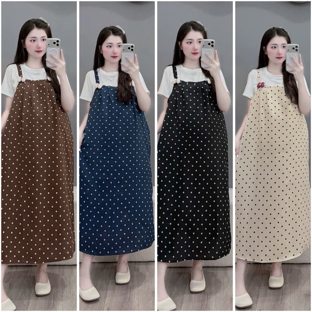 <Đầm Bầu Quynhanhhouse> Váy suông set váy yếm bi đính nơ freesize