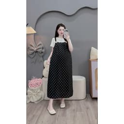 <Đầm Bầu Quynhanhhouse> Váy suông set váy yếm bi đính nơ freesize 4