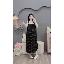<Đầm Bầu Quynhanhhouse> Váy suông set váy yếm bi đính nơ freesize 9