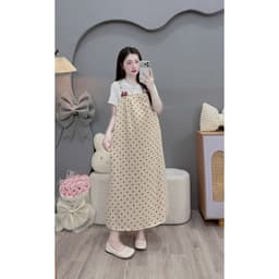 <Đầm Bầu Quynhanhhouse> Váy suông set váy yếm bi đính nơ freesize 5