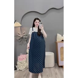 <Đầm Bầu Quynhanhhouse> Váy suông set váy yếm bi đính nơ freesize 8