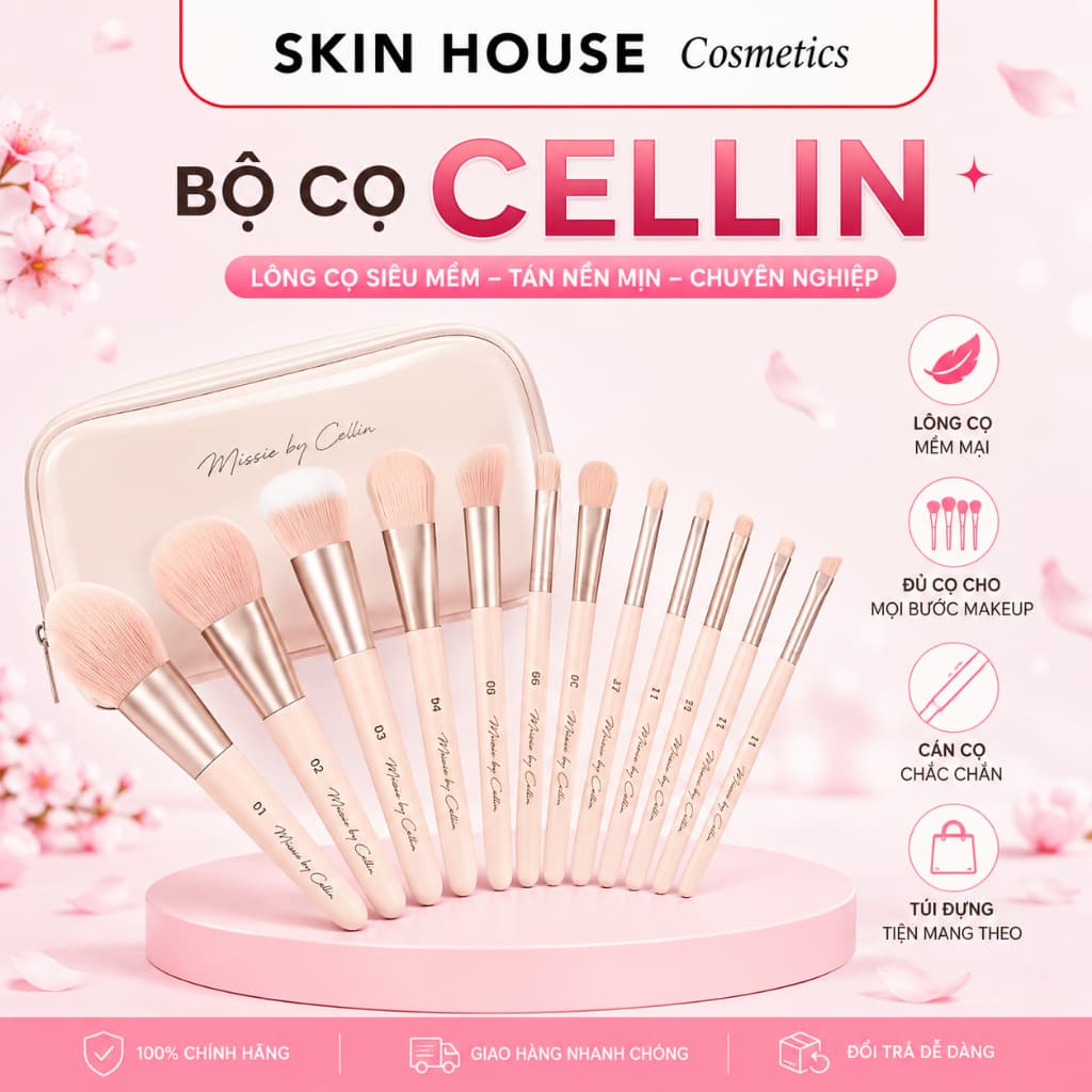 Bộ Cọ Trang Điểm Celin 12 Cây Màu Hồng Lông Mềm Cao Cấp Cho Makeup Cá Nhân Skin House