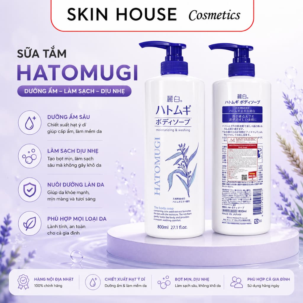 Sữa Tắm Hatomugi Nhật Bản 800ml Chiết Xuất Hạt Ý Dĩ Dưỡng Ẩm Làm Sạch Da Mềm Mịn Cho Mọi Loại Da Skin House