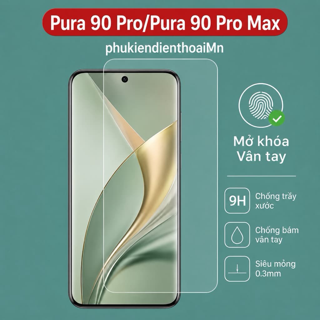 Kính cường lực Hua..ưuei Pura 90 Pro , Pura 90 Pro Max trong suốt, Mở khóa vân tay