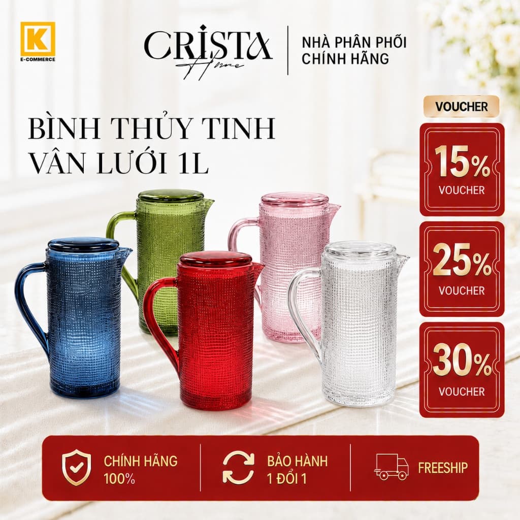 BÌNH THỦY TINH VÂN LƯỚI CRISTA HOME 1L NẮP THỦY TINH CAO CẤP DECOR BÀN TIỆC 60203