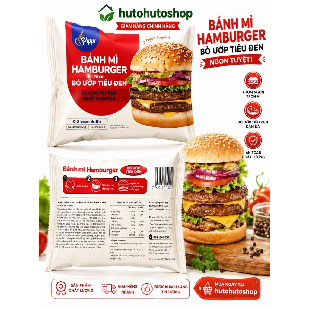 Bánh Mì Hamburger Bò Ướp Tiêu Đen Pippi Tràng An 88g – Thơm Ngon, Tiện Lợi, Ăn Liền | hutohutoshop