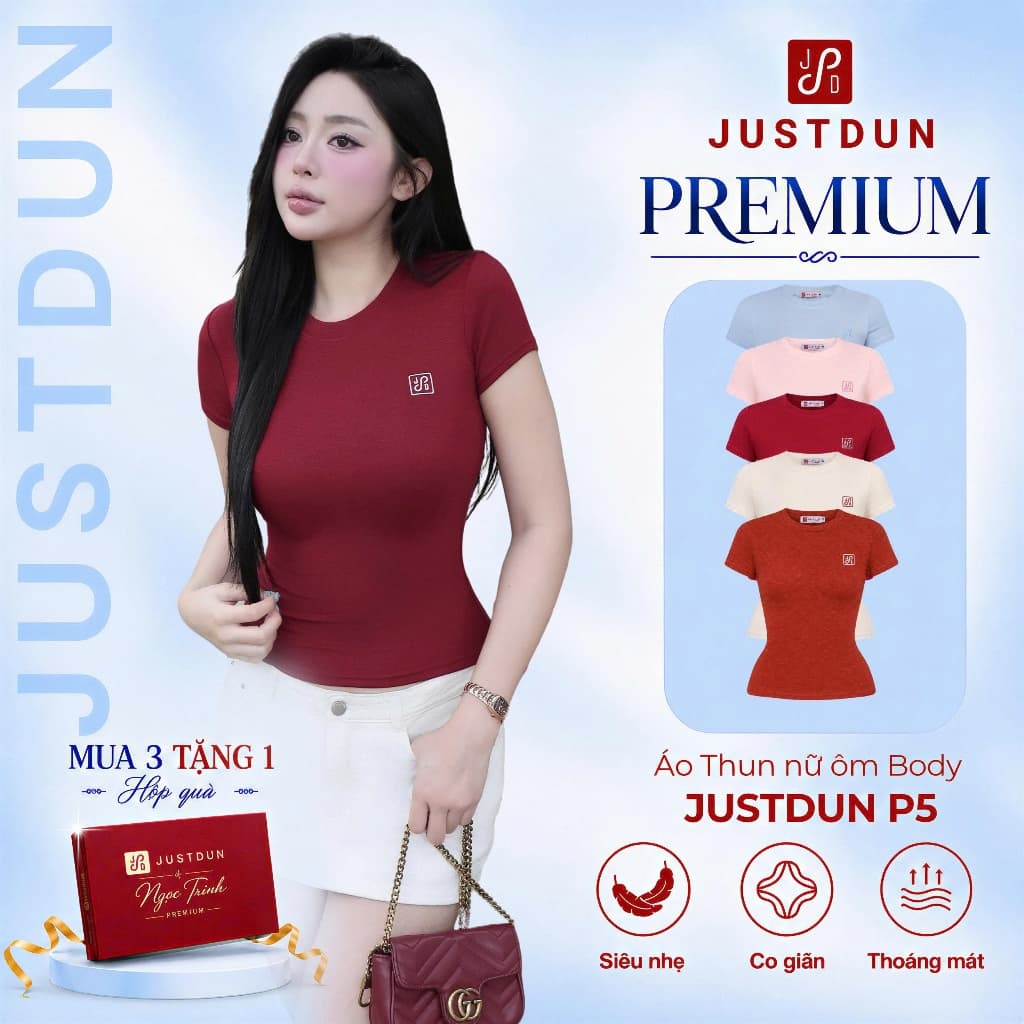 [MỞ BÁN] Áo Thun Ôm Body Cổ Tròn Bản Mới Thêu Logo JUSTDUN Chất Thun Cotton Mềm Mịn, Thoáng Mát P5