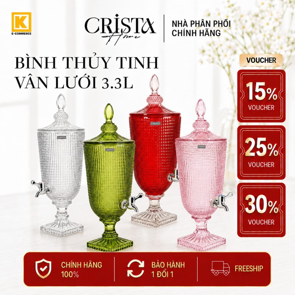 BÌNH THỦY TINH VÂN LƯỚI CRISTA HOME 3.3L - CAO CẤP - BÌNH DETOX NƯỚC ÉP TRÀ LẠNH CHÍNH HÃNG 60204