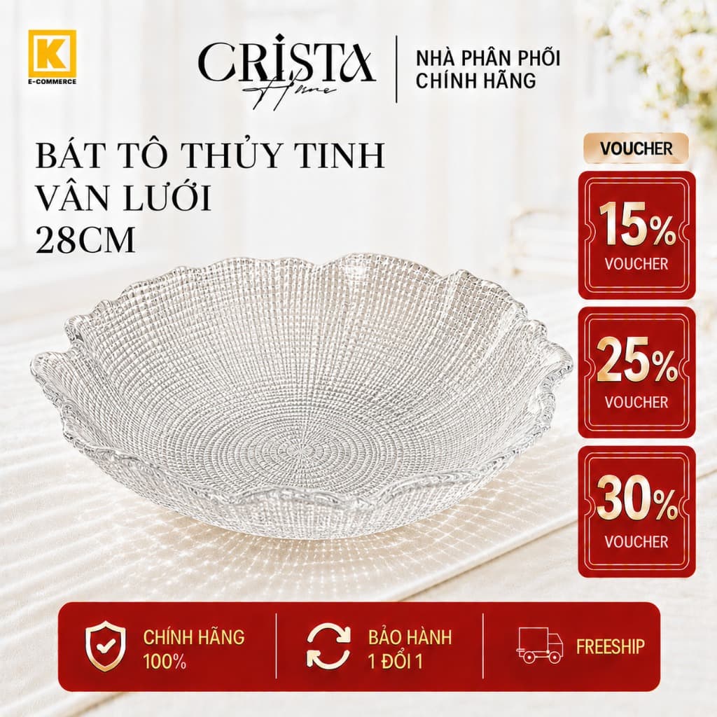 BÁT TÔ THỦY TINH VÂN LƯỚI CRISTA HOME 28CM ĐỰNG SALAD - TRÁI CÂY CAO CẤP DECOR BÀN ĂN 60208