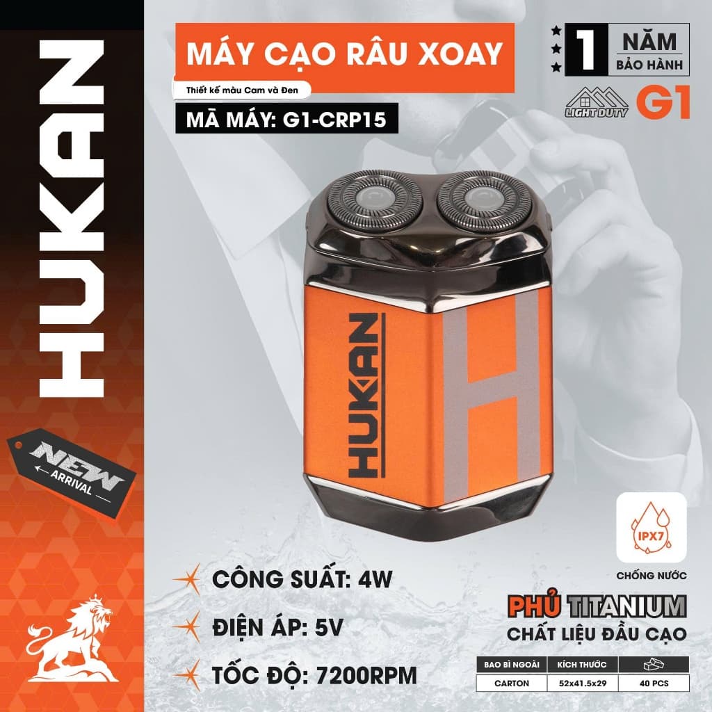 Máy Cạo Râu Pin Chống Nước IPX7 HUKAN G1-CRP15, Cạo Khô - Cạo Ướt, Đầu Cạo Phủ Titanium