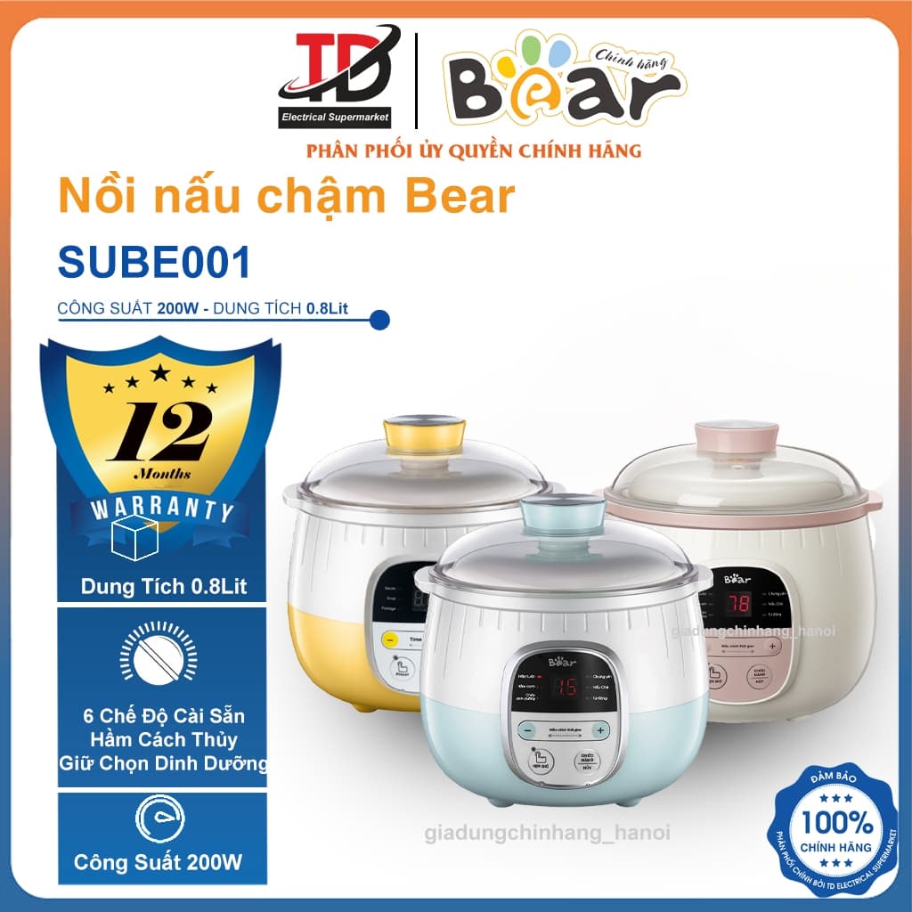 Nồi Nấu Chậm Bear SUBE001, 0.8L - 200w, 6 Chế Độ Nấu, Hàng Chính Hãng