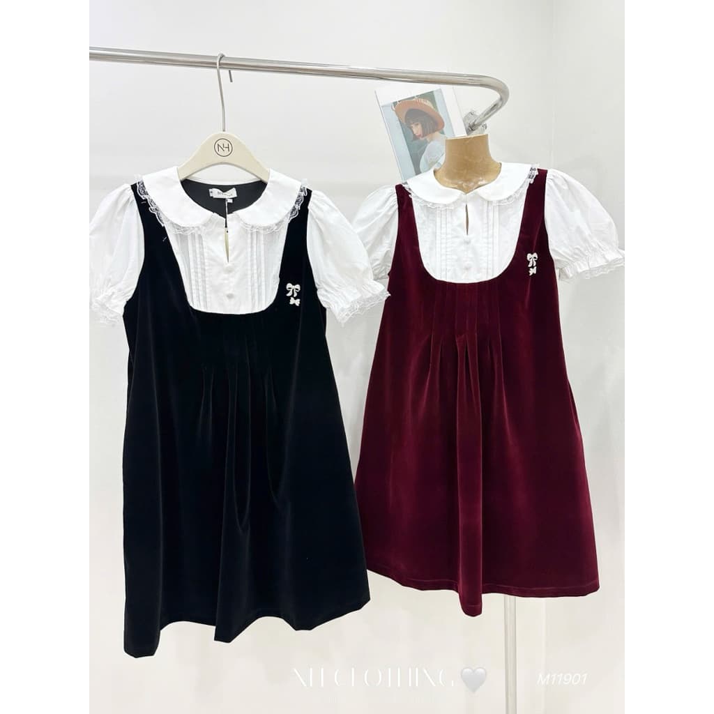 <Đầm Bầu Quynhanhhouse> (NH CLOTHING)Váy suông Váy nhung phối sơmi tag nơ M11901 sm