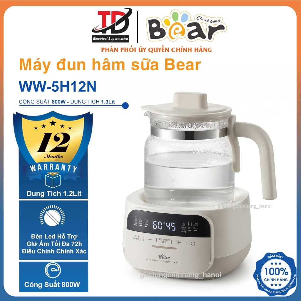 Máy Đun Hâm Sữa Bear WW-5H12N, 1.3L - 8 chế độ thông minh - Màn hình cảm ứng tiếng Việt, Hàng Chính Hãng