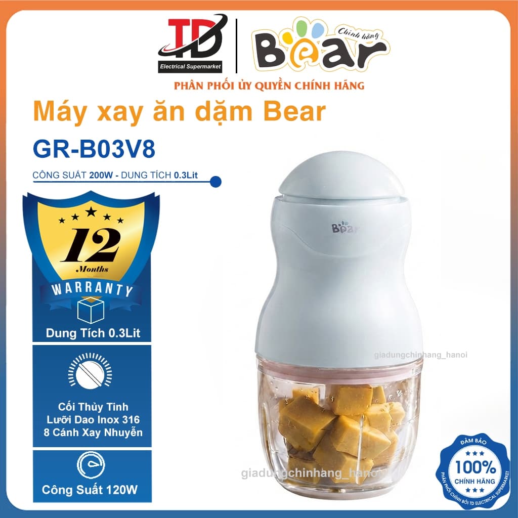 Máy Xay Ăn Dặm Bear GR-B03V8, Cối Thủy Tinh - 8 Lưỡi Dao Inox 316, Hàng Chính Hãng